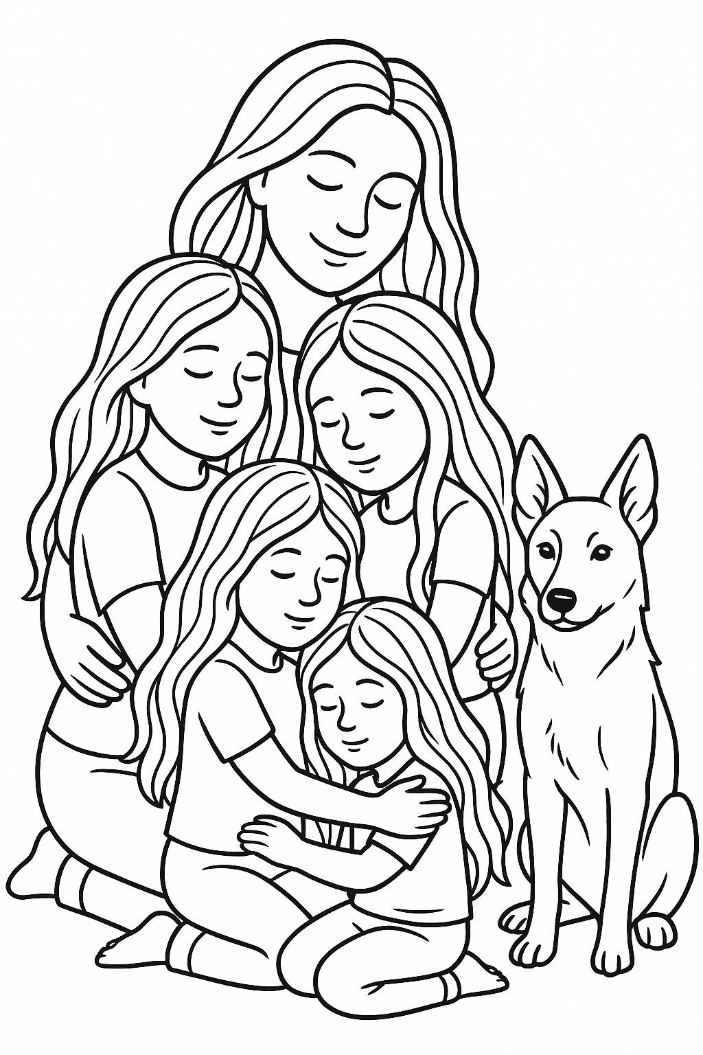 Mum with long hair sitting hugging her three children with long hair